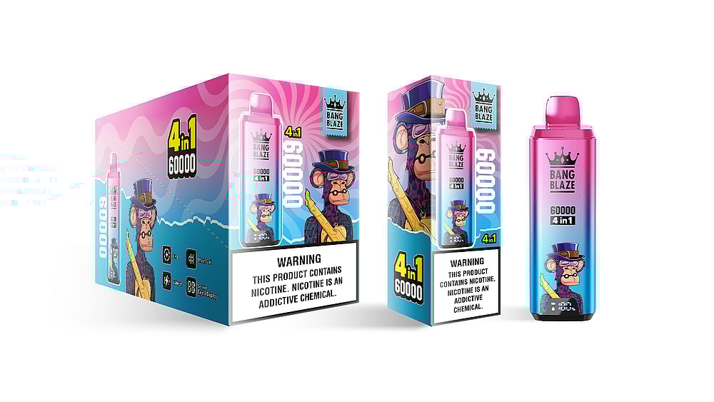 A colorful packaging design for a vaping product, featuring the cartoon character of a stylish monkey wearing a top hat and sunglasses, labeled '4 in 1 60000' with a prominent warning about nicotine.