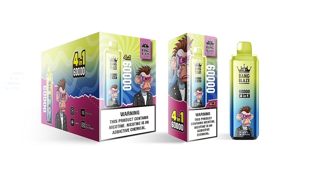 A colorful box and bottle of Bang Blaze vaping product, featuring a cartoon monkey wearing sunglasses and a leather jacket, with prominent text stating '4 in 1 60000' and a warning about nicotine being an addictive chemical.