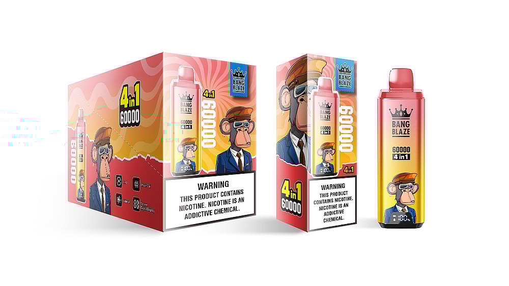 A colorful packaging box and disposable vape device labeled 'BANG BLAZE 4 in 1 60000' featuring a cartoon monkey character wearing sunglasses and a suit, with warning labels about nicotine addiction displayed prominently on both the box and the vape.