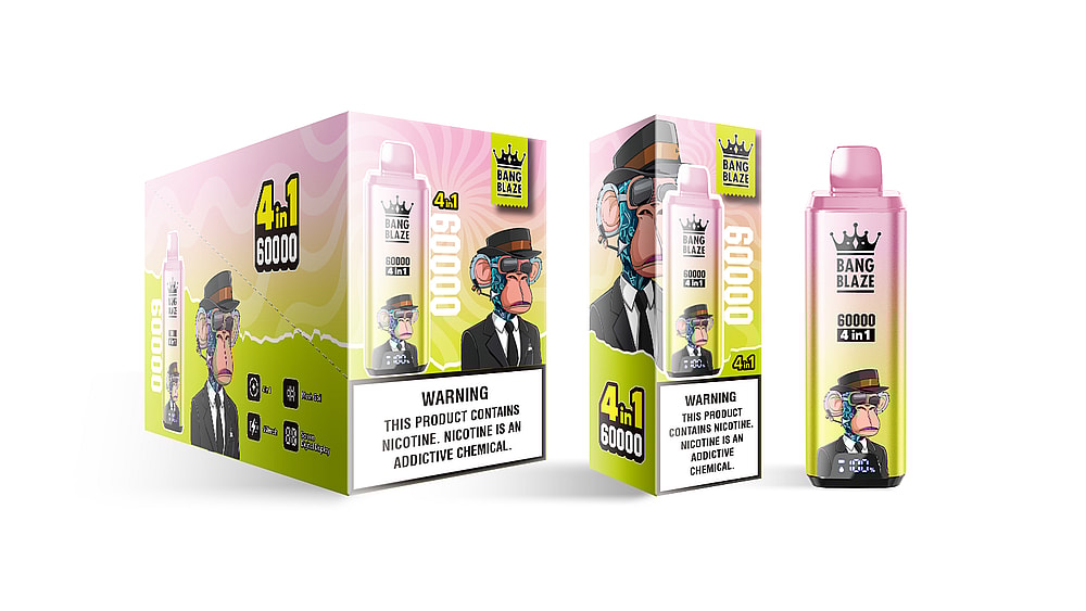 A 4-in-1 Bang Blaze vape product displayed in a colorful box featuring a cartoon monkey in a suit and sunglasses, with prominent warning labels about nicotine addiction and a graphic of the device on the side.