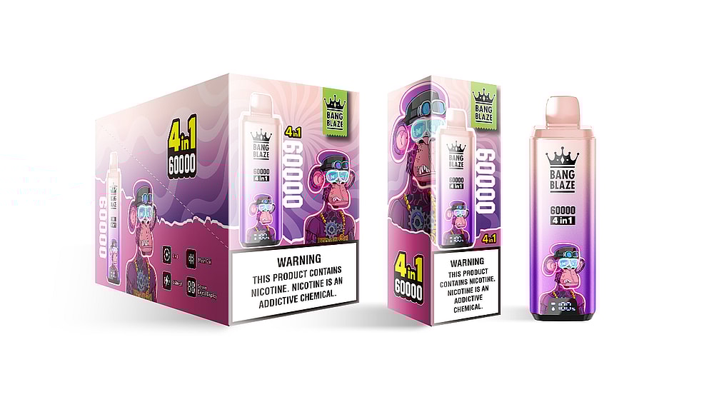 A colorful packaging design for Bang Blaze with a cartoon monkey wearing sunglasses, indicating a capacity of 60,000 and features '4 in 1,' and a warning about nicotine addiction on the front, with a product on display beside it.