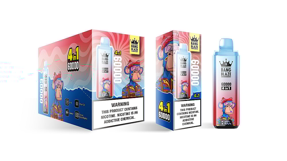 A colorful product packaging for Bang Blaze featuring a cartoon monkey character in a red and blue outfit, labeled '4 in 1 60000,' with a warning about nicotine addiction displayed prominently on both sides.