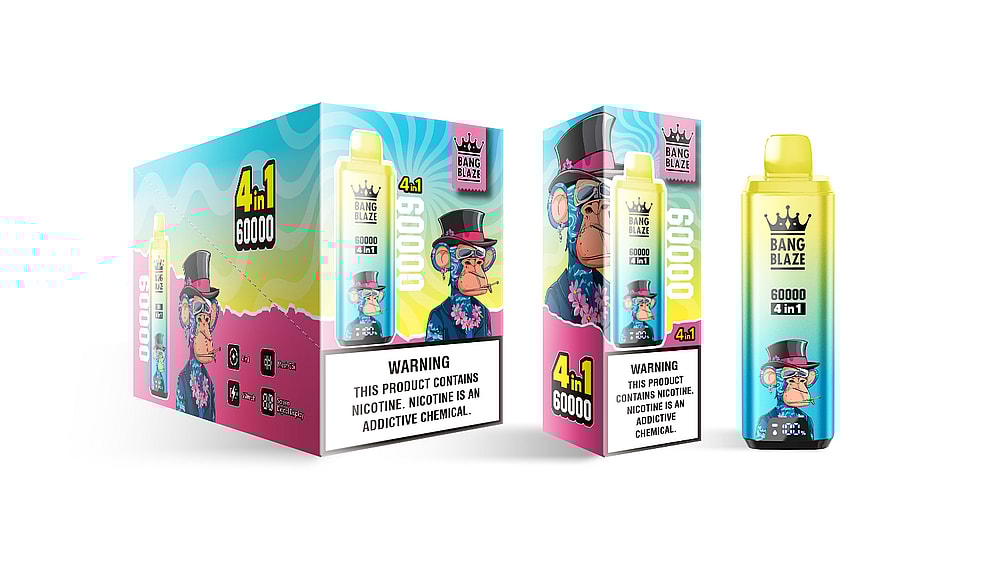 The image features a colorful packaging of Bang Blaze's disposable vape product, highlighting the '4 in 1' feature with a cartoon monkey wearing a top hat and sunglasses, alongside a warning about nicotine addiction.