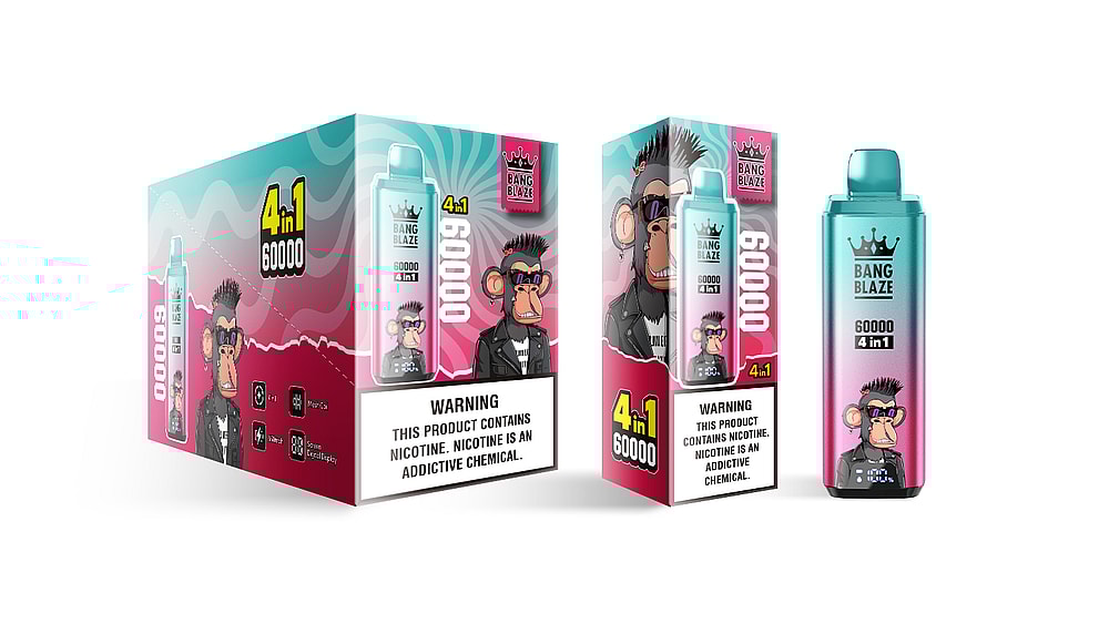A colorful display box and vape device labeled "Bang Blaze 60000 4-in-1" featuring a cartoon monkey character with sunglasses, a spiked hairstyle, and a black leather jacket, alongside warning labels about nicotine addiction.