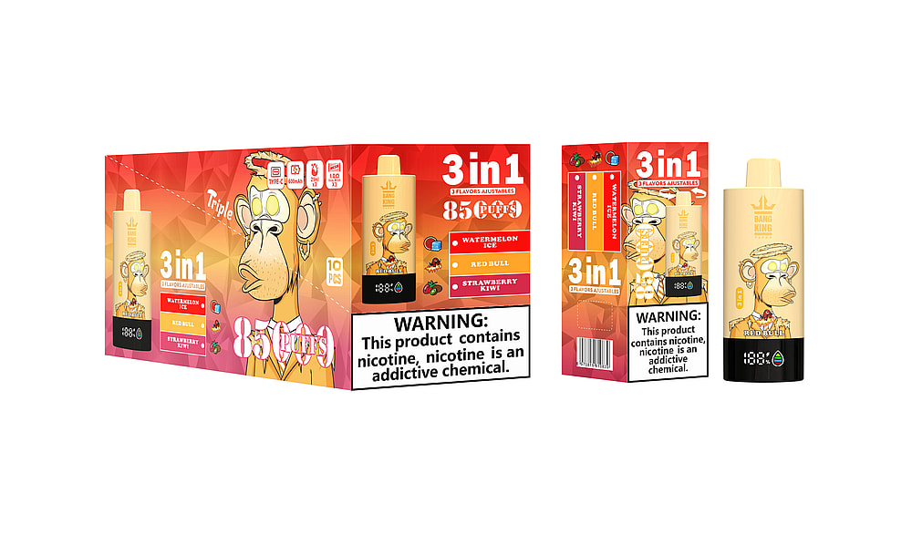 A Colorful Vape Packaging Featuring A Cartoon Monkey With Glasses, Labeled '3 In 1' And Showcasing The Flavors 'Watermelon Ice,' 'Red Bull,' And 'Strawberry Kiwi,' Along With A Warning About Nicotine Addiction And A Puff Count Of 8500.