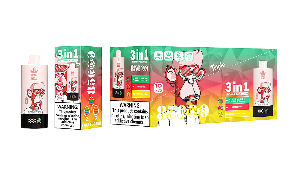 A Colorful Packaging Design For A 3-In-1 Vaping Product Featuring A Cartoon Monkey Character With Sunglasses, Showcasing Three Adjustable Flavors: Kiwi Passion Fruit Guava, Lush Ice, And Straw Mango, Along With A Warning Label About Nicotine Addiction.