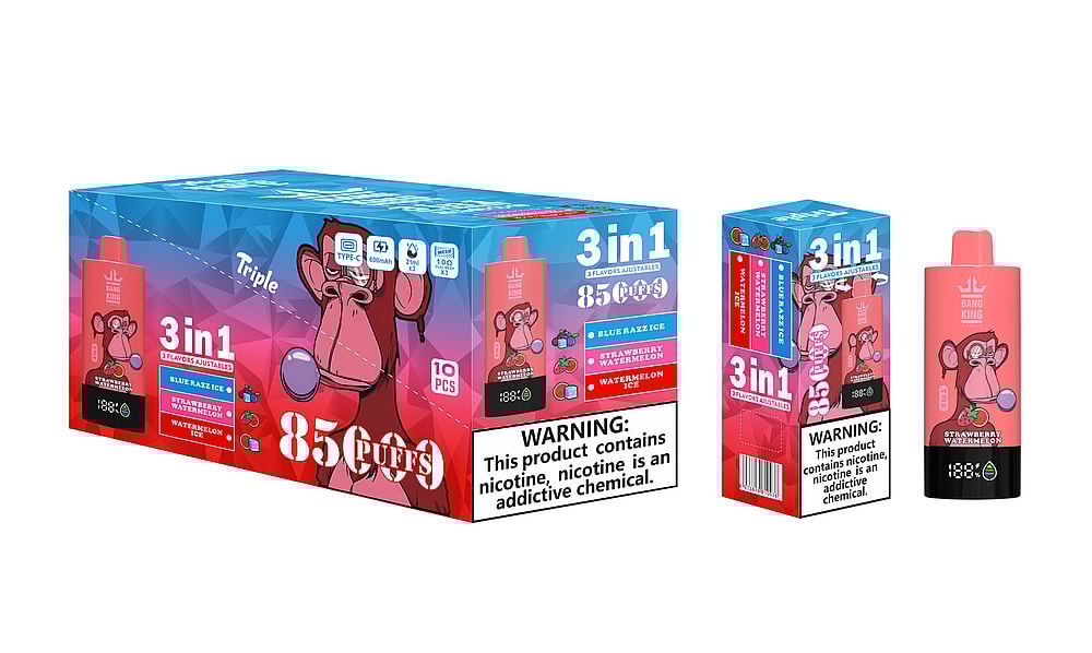 A Colorful Packaging Box Labeled '3 In 1' For Bang King Vape Devices With An Illustration Of A Monkey, Showcasing Different Flavors Including Blue Razz Ice, Strawberry Watermelon, And Watermelon Ice, Along With Product Specifications And A Safety Warning About Nicotine Addiction.
