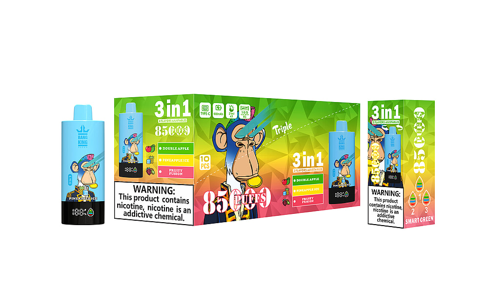A Colorful Packaging For A Vape Product Featuring A Blue Vaping Device Labeled 'Pineapple Ice' Alongside A Vibrant Box Advertising Three Flavors: Double Apple, Pineapple Ice, And Fruity Fusion, Along With A Warning About Nicotine Addiction.
