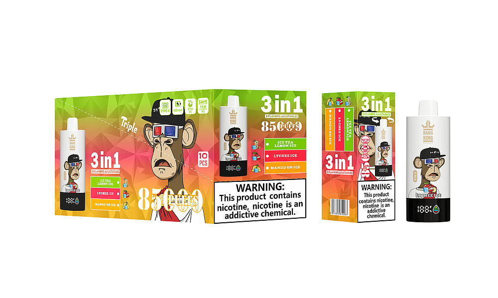 A Colorful Packaging Design For A Vape Product Named 'Bang King,' Featuring A Cartoon Monkey Wearing 3D Glasses And Offering Three Flavors: Ice Tea Lemon Ice, Lychee Ice, And Mango On Ice, Along With A Nicotine Warning.