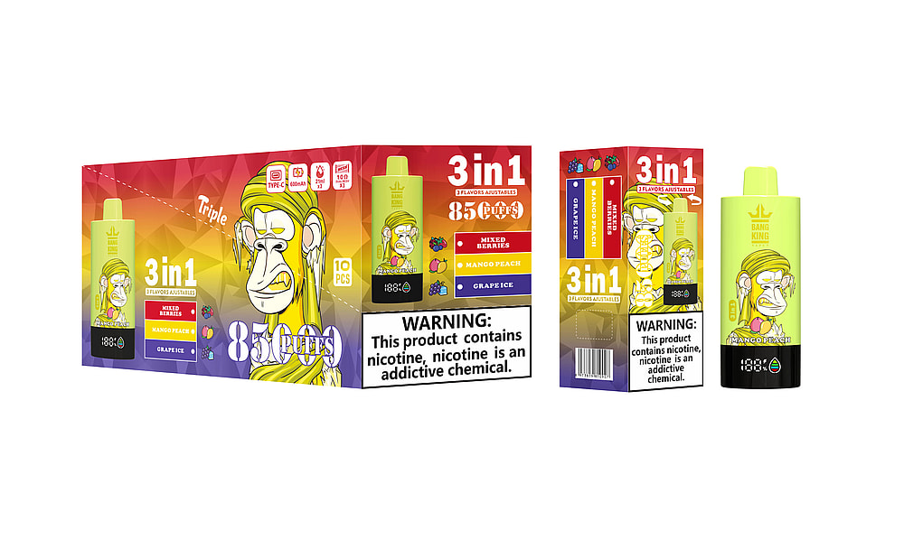 Packaging For A 3-In-1 Vape Product Featuring A Cartoon Monkey Design, Showcasing Three Flavors: Mixed Berries, Mango Peach, And Grape Ice, Along With A Warning About Nicotine Addiction And Specifications Like 8500 Puffs And Rechargeable Battery Details.
