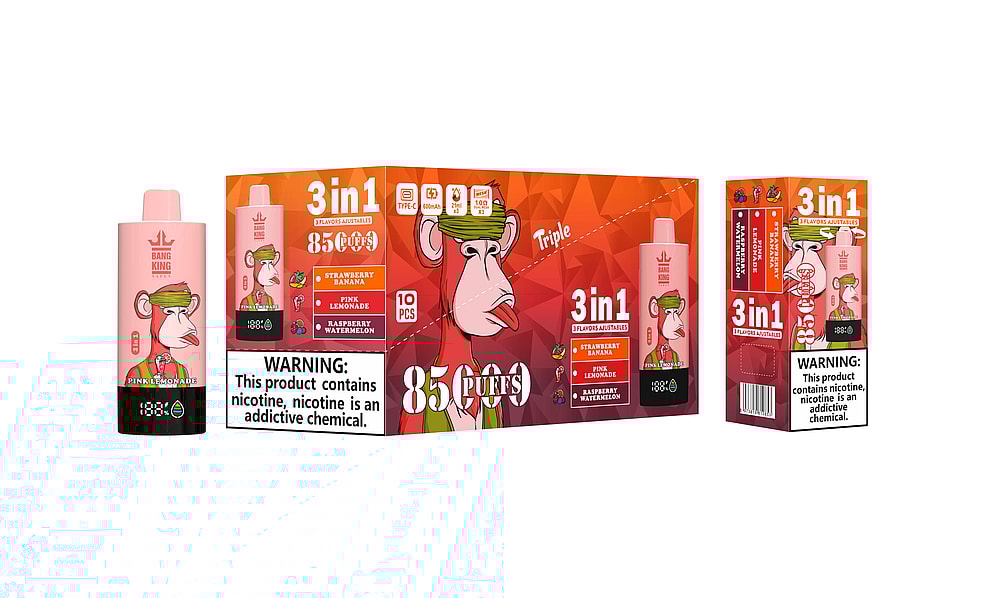 A Colorful Packaging Display For Bang King Vape Featuring A Cartoon Monkey In A Military Cap, Labeled 'Pink Lemonade,' Showcasing Three Flavor Options: Strawberry Banana, Pink Lemonade, And Raspberry Watermelon, With A Warning About Nicotine Addiction.