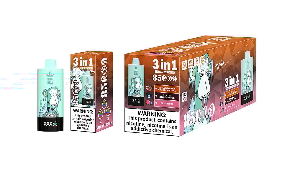 A Package Of 'Bang King' Vaping Product, Featuring A Light Blue Vape Pen Labeled 'Black Dragon Ice' Next To Its Packaging, Which Highlights Three Flavors: Strawberry Vanilla Coke, Black Dragon Ice, And Peach Ice, And Includes A Warning About Nicotine Addiction.