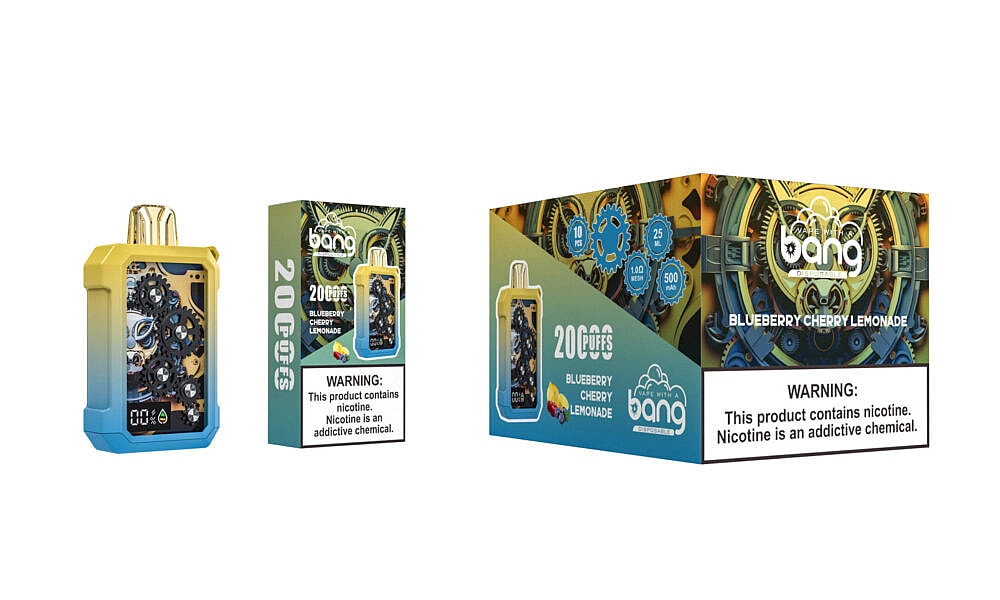 Ein Vape-Gerät mit sichtbaren mechanischen Zahnrädern, einer digitalen Anzeige und einem Design mit Farbverlauf von Gelb nach Blau, abgebildet neben der Verpackung der Geschmacksrichtung „Blueberry Cherry Lemonade“ mit Produktdetails und einem Warnhinweis zu Nikotin.