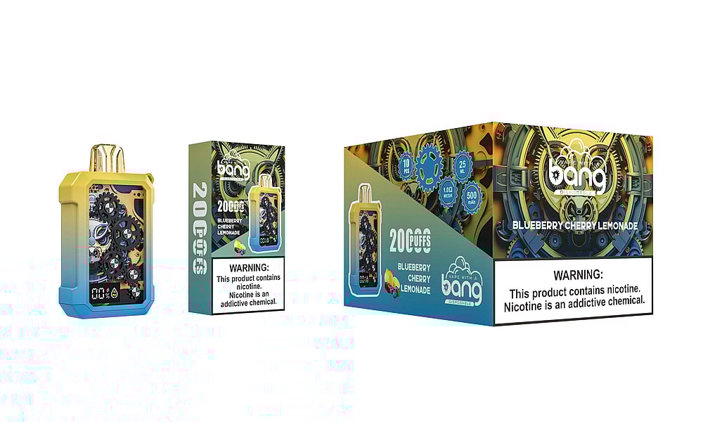 A vape device with visible mechanical gears, a digital display, and a gradient yellow-to-blue design, shown alongside packaging for "Blueberry Cherry Lemonade" flavor with product details and a nicotine warning label.