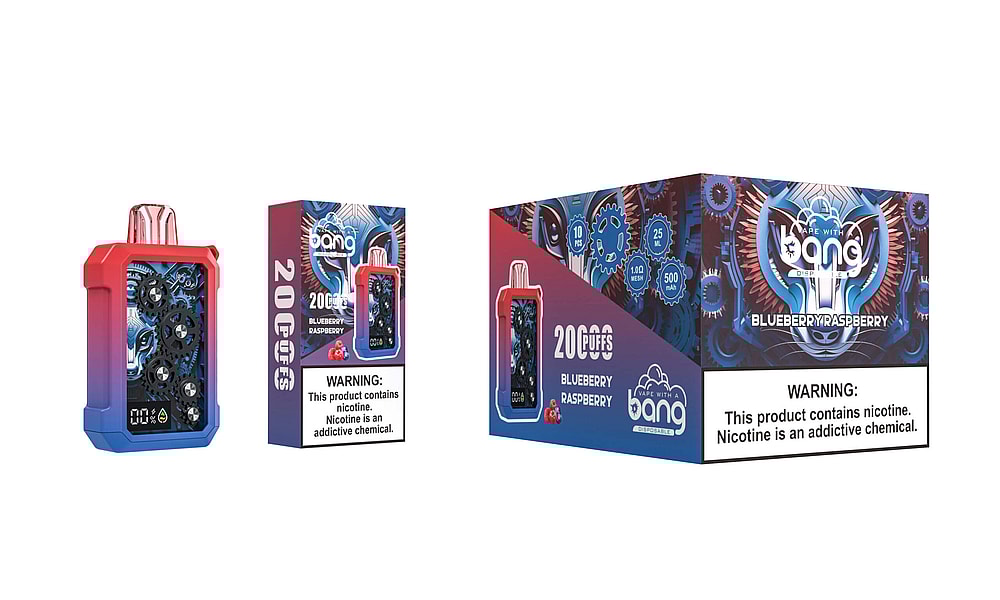 A vape device with a colorful gradient design and visible mechanical gears, displayed alongside its packaging featuring "Bang" branding, blueberry raspberry flavor, and health warnings about nicotine addiction.