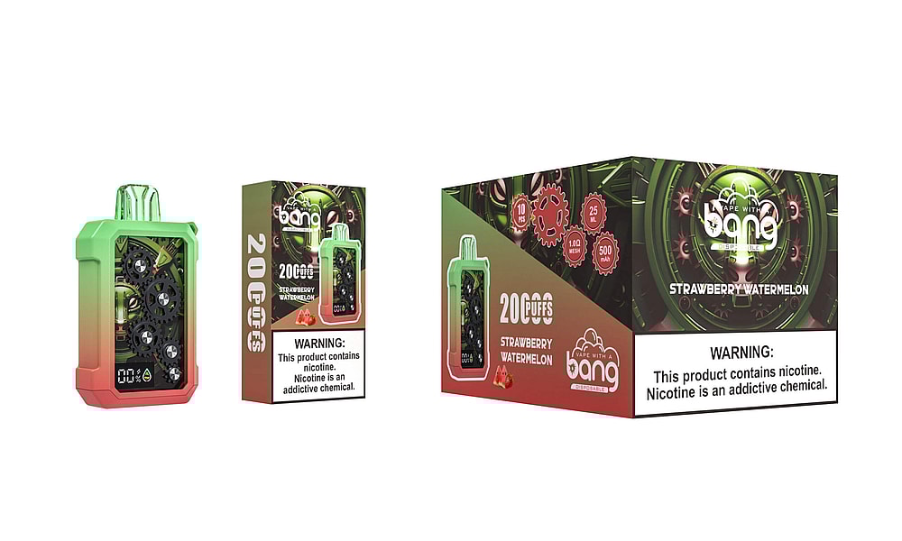 A green and red gradient disposable vape device with visible internal gears, accompanied by packaging displaying the brand "Bang," flavor "Strawberry Watermelon," 20,000 puffs, and nicotine warning labels.