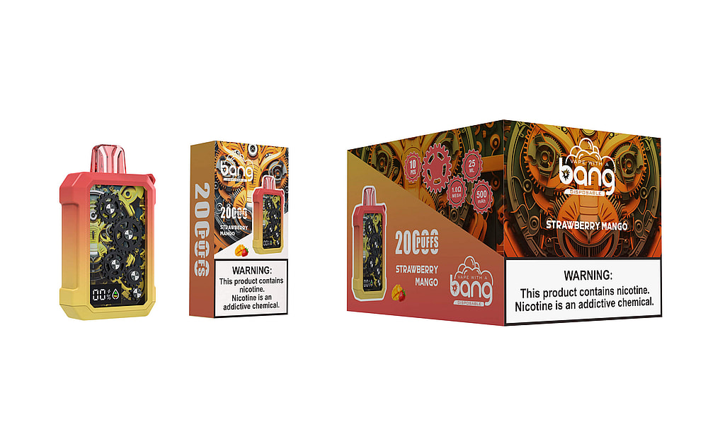 Bang disposable vape in Strawberry Mango flavor, featuring a colorful gear-themed design, box packaging displaying "20,000 puffs" and nicotine warning label.