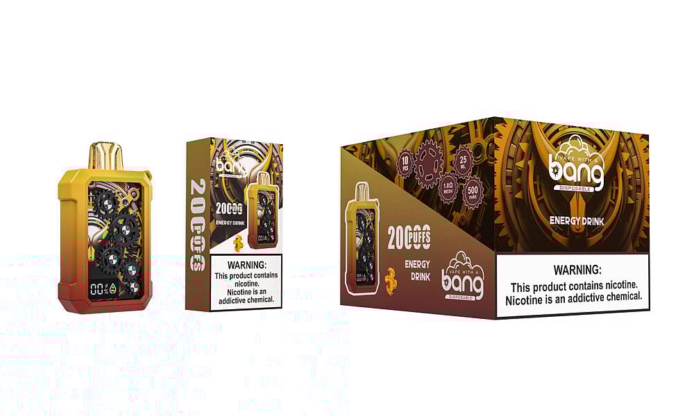 Ein gold-rotes Einweg-Vape-Gerät mit sichtbaren Zahnrädern im Inneren, neben seiner Verpackung mit dem Markennamen „Bang Energy Drink“, den Spezifikationen und einer Warnung vor Nikotinsucht.