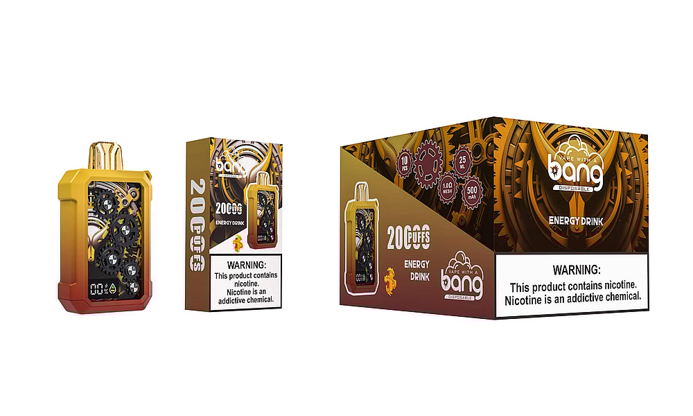A gold and red disposable vape device with visible internal gears, displayed alongside its packaging featuring "Bang Energy Drink" branding, specifications, and a nicotine addiction warning.