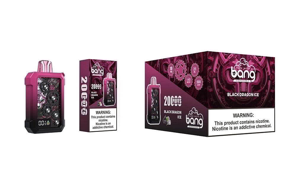 Rosa-schwarzes Vape-Gerät mit mechanischem Zahnraddesign und der Aufschrift „20.000 Züge Black Dragon Ice“, präsentiert neben einer passenden Verpackung mit Produktdetails und einer Nikotinwarnung.