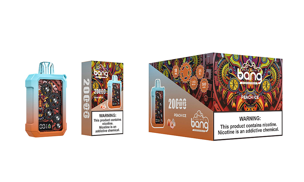 A colorful vape device with visible gears inside, labeled "Bang Peach Ice," alongside packaging displaying "20,000 puffs," flavor details, and a nicotine warning.