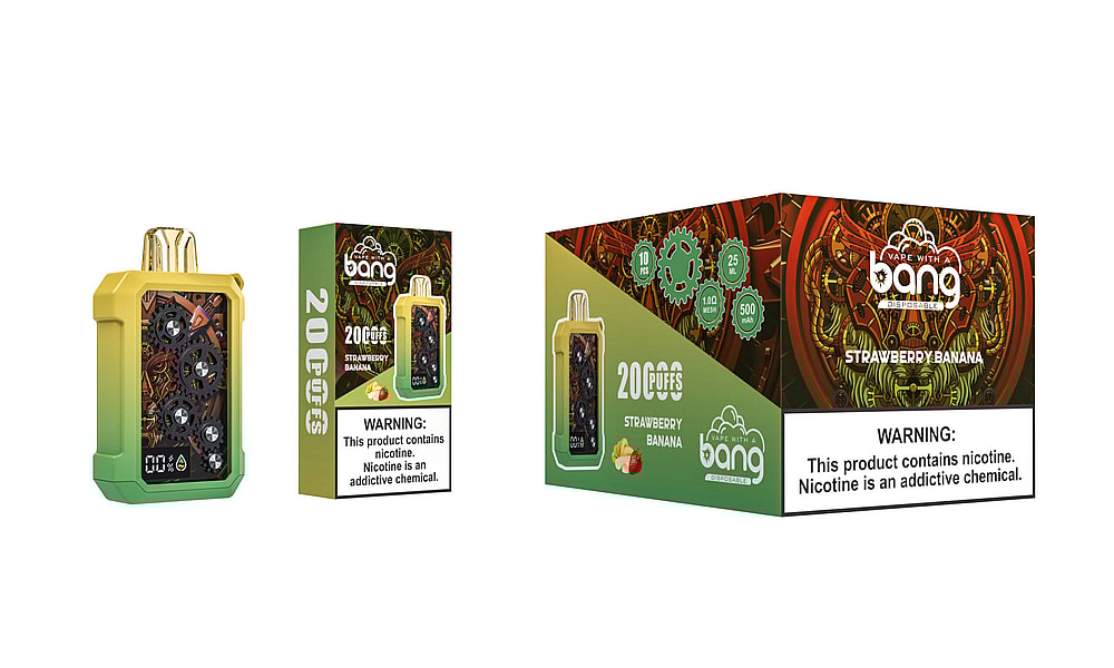 Packaging and device of a disposable vape product labeled "Bang Strawberry Banana," featuring 20,000 puffs, a gear-themed design, and a warning about nicotine being an addictive chemical.