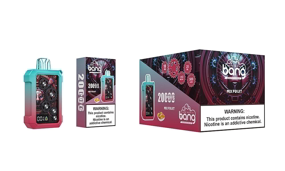 A disposable vape device with a colorful gradient design featuring visible gears, a digital screen, and labeled "Bang 20,000 Puffs Mix Fruit," alongside packaging displaying product details and a nicotine warning.