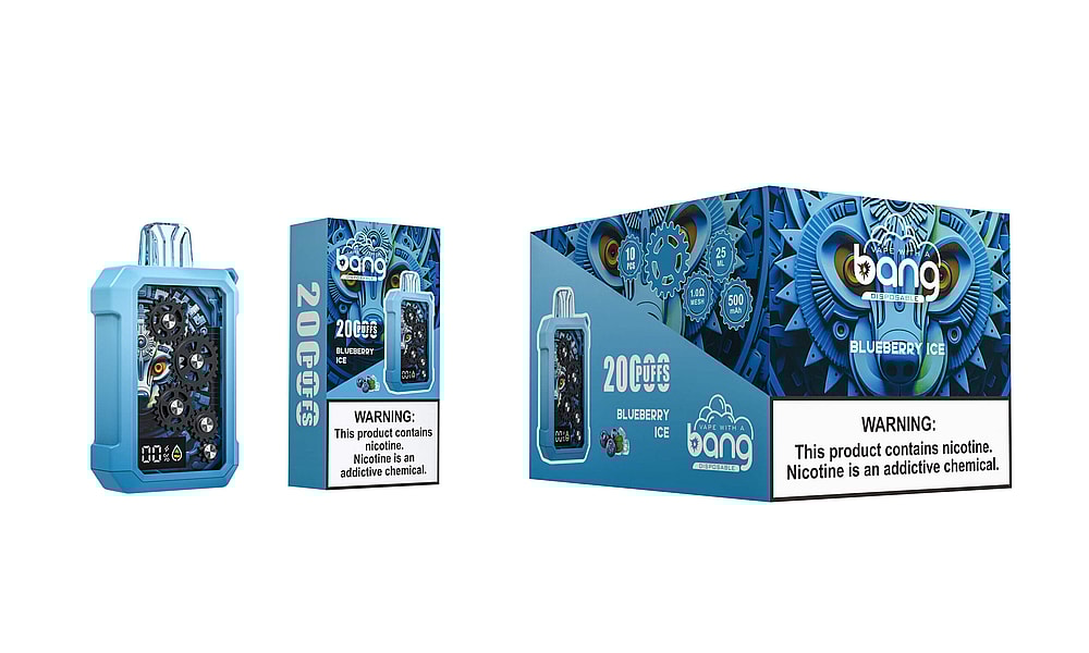Blue and black vape device packaging for Bang Disposable, featuring a Blueberry Ice flavor with 20,000 puffs, product details, and a nicotine warning.