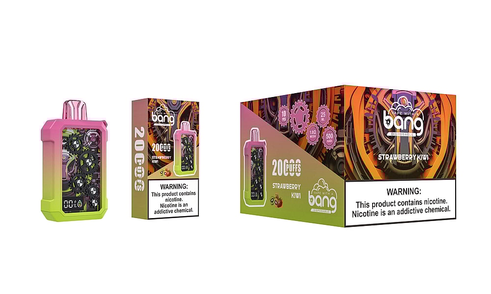 A colorful vape device with visible gears, labeled "20,000 puffs" and "Strawberry Kiwi," alongside its packaging displaying branding, product details, and a nicotine warning.