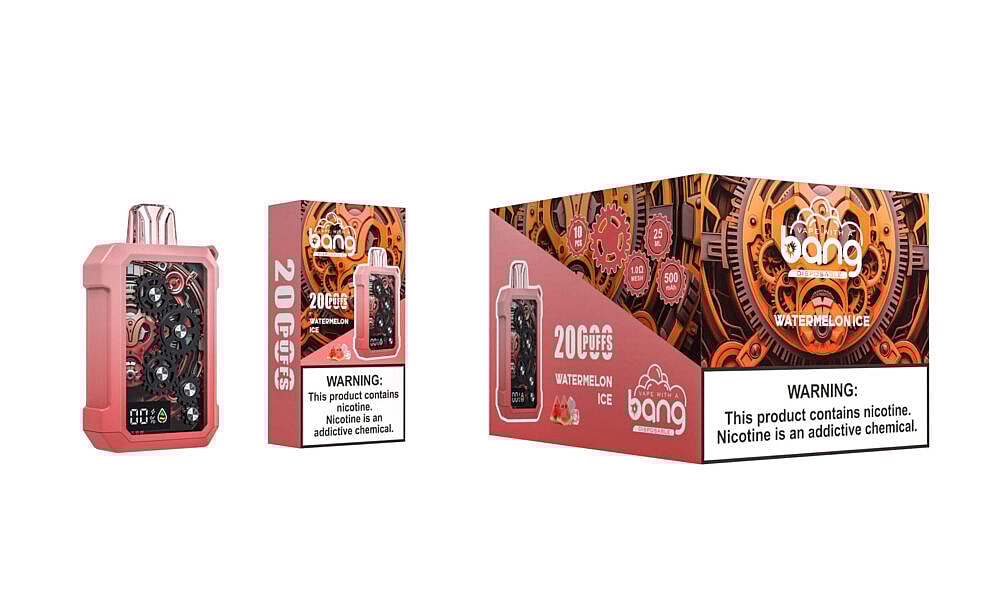 Ein Vape-Gerät mit Wassermeloneneisgeschmack, rosa Gehäuse, sichtbarem zahnradähnlichem Design und digitaler Anzeige, abgebildet neben der Verpackung mit mechanisch anmutenden Grafiken und Produktspezifikationen.