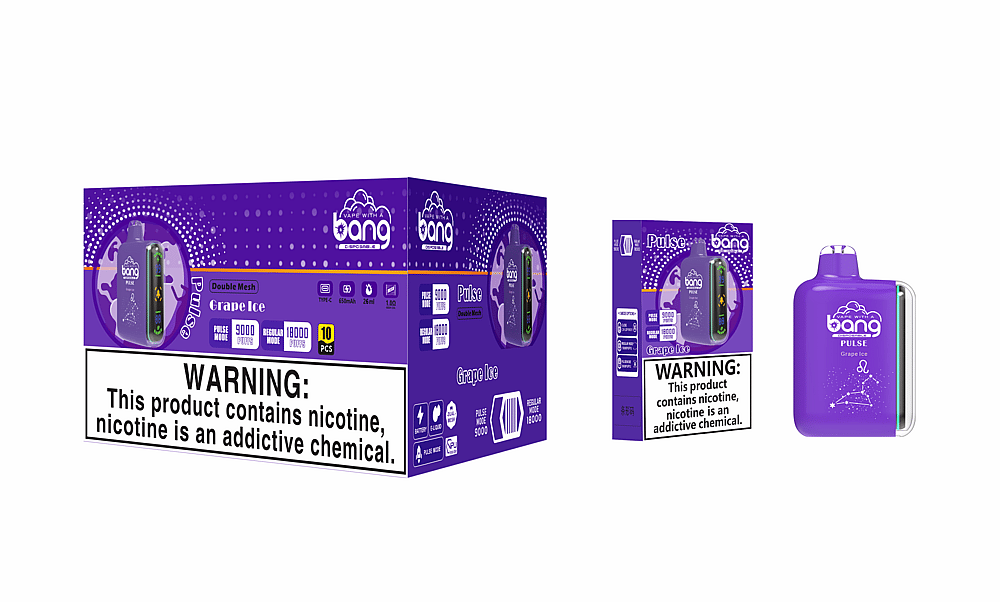 Caja y producto para vapear Bang Pulse Grape Ice con diseño morado con advertencia de nicotina, opciones de 9000 y 18000 bocanadas, bobina de doble malla, capacidad de 26 ml de e-líquido y batería de 650 mAh.