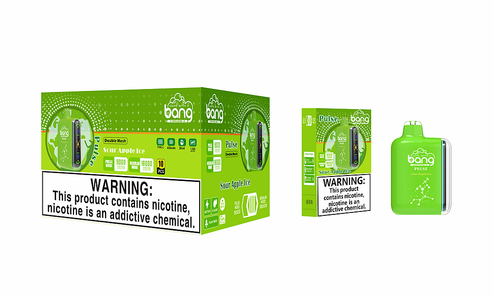 Empaque de vaporizador Bang Pulse Sour Apple Ice con imágenes del producto, etiqueta de advertencia que dice "Este producto contiene nicotina, la nicotina es una sustancia química adictiva" y especificaciones del producto que incluyen modos de 9000 y 18000 bocanadas.
