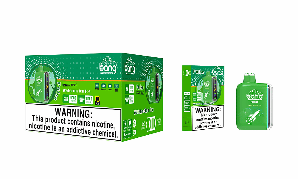 Empaque de vape desechable Bang Pulse Watermelon Ice con una caja verde y un dispositivo de vapeo, con opciones de "9000 bocanadas" y "18000 bocanadas", y una etiqueta de advertencia que indica la presencia de nicotina, una sustancia química adictiva.
