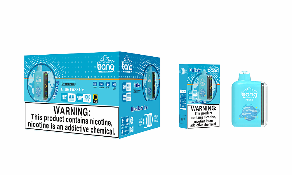 Embalaje del vaporizador desechable Bang Pulse Blue Razz Ice con una etiqueta de advertencia que dice "Este producto contiene nicotina, la nicotina es una sustancia química adictiva". El embalaje muestra características como batería de 650 mAh, capacidad de 26 ml, 9000 caladas en modo pulso y 18000 caladas en modo normal.