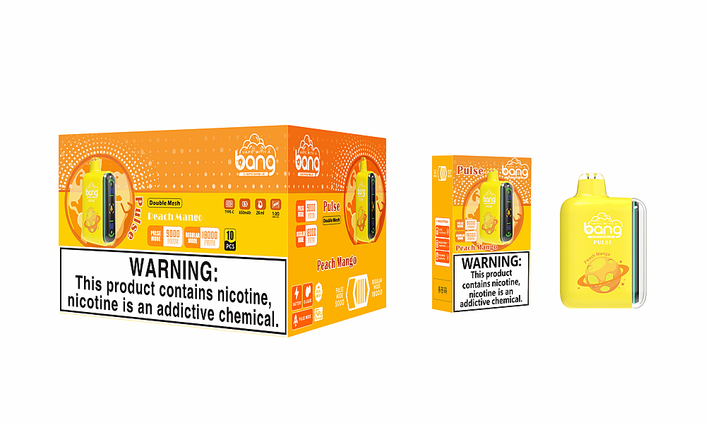 Embalaje para vaporizador desechable Bang Pulse en sabor a mango y melocotón, con etiquetas de advertencia sobre la adicción a la nicotina y detalles del producto que incluyen batería de 650 mAh, capacidad de 26 ml y dos modos: modo de pulso de 9000 bocanadas y modo regular de 18000 bocanadas.