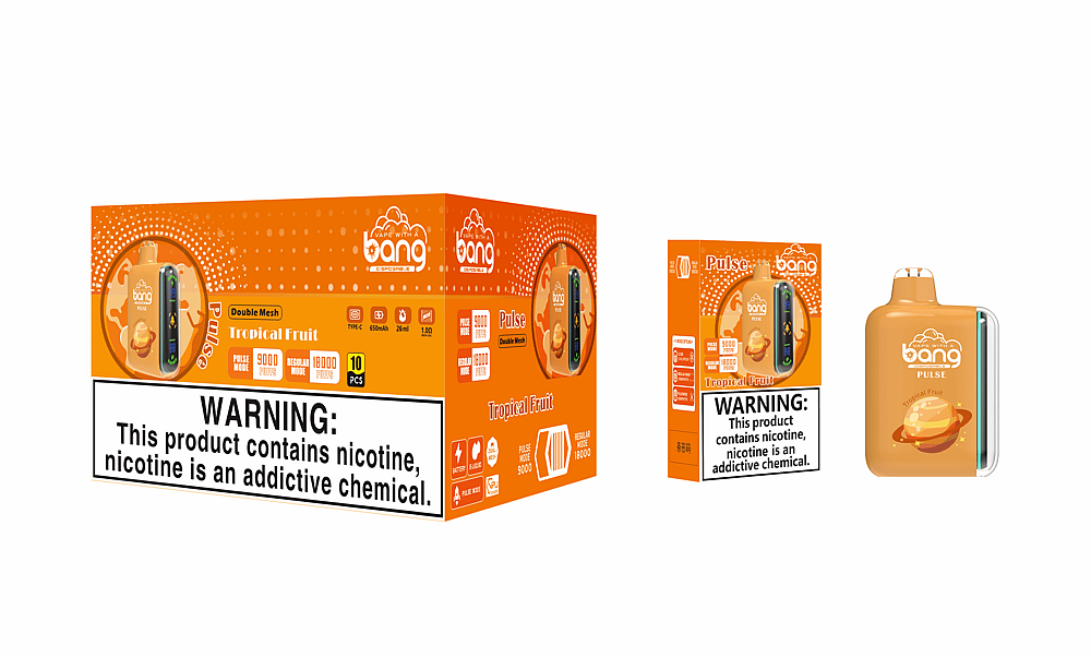 Embalaje de vaporizador de nicotina con sabor a frutas tropicales "Bang Pulse" con etiqueta de advertencia que dice "Este producto contiene nicotina, la nicotina es una sustancia química adictiva".