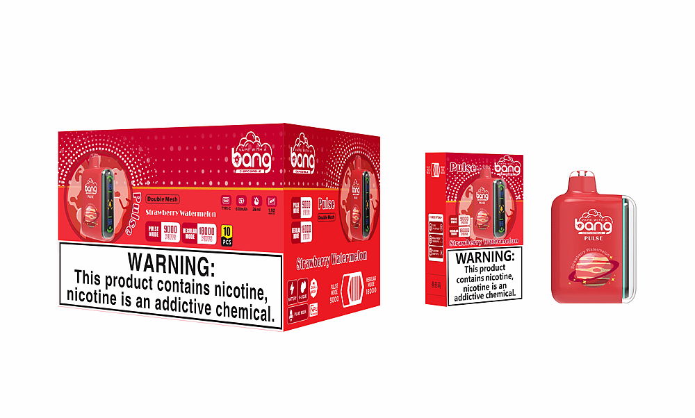 Embalaje del vaporizador desechable "Bang Pulse" con sabor a fresa y sandía, que muestra detalles del producto como modos de 9000 y 18000 bocanadas, batería de 650 mAh y capacidad de 26 ml de e-líquido, junto con una advertencia de adicción a la nicotina.