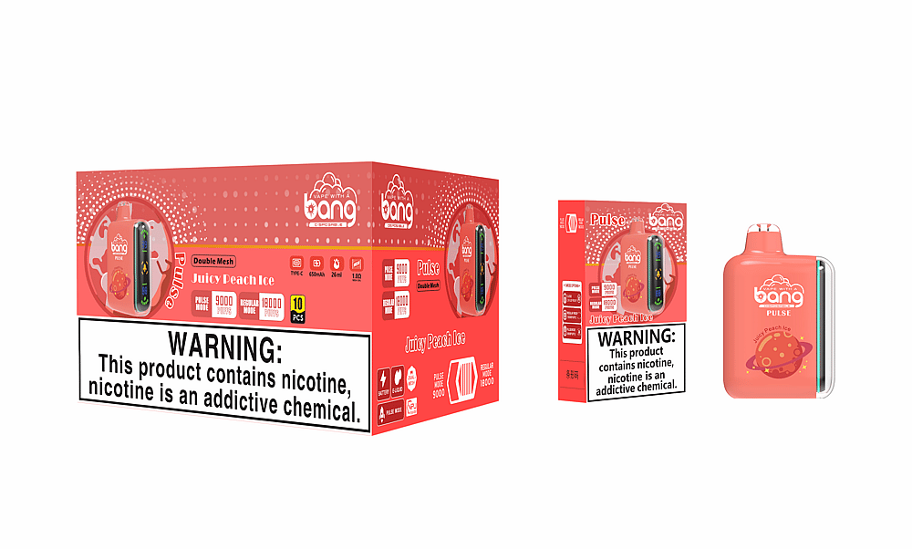Empaque del producto Bang vape con sabor "Juicy Peach Ice", 9000 bocanadas en modo pulso y 18000 bocanadas en modo regular con advertencia de nicotina.