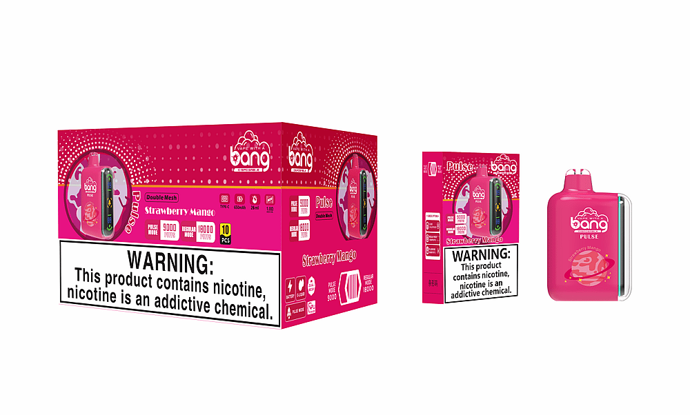 Embalaje del vaporizador desechable Bang Pulse Double Mesh en sabor a fresa y mango, que muestra el dispositivo y los detalles del producto, incluida la advertencia de nicotina, los modos de bocanada (9000 en modo pulso, 18000 en modo regular) y la capacidad (26 ml, 650 mAh).