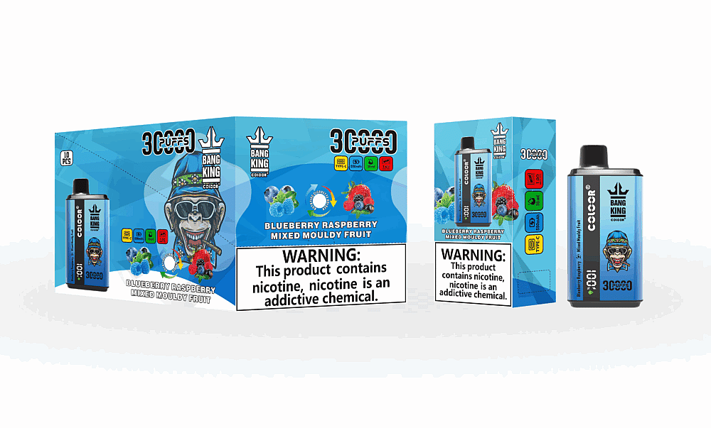 Embalagem do vaporizador "Bang King", com sabor de mirtilo e framboesa, com um macaco estilizado usando óculos escuros e uma bandana. A embalagem inclui advertências de saúde sobre o vício em nicotina.