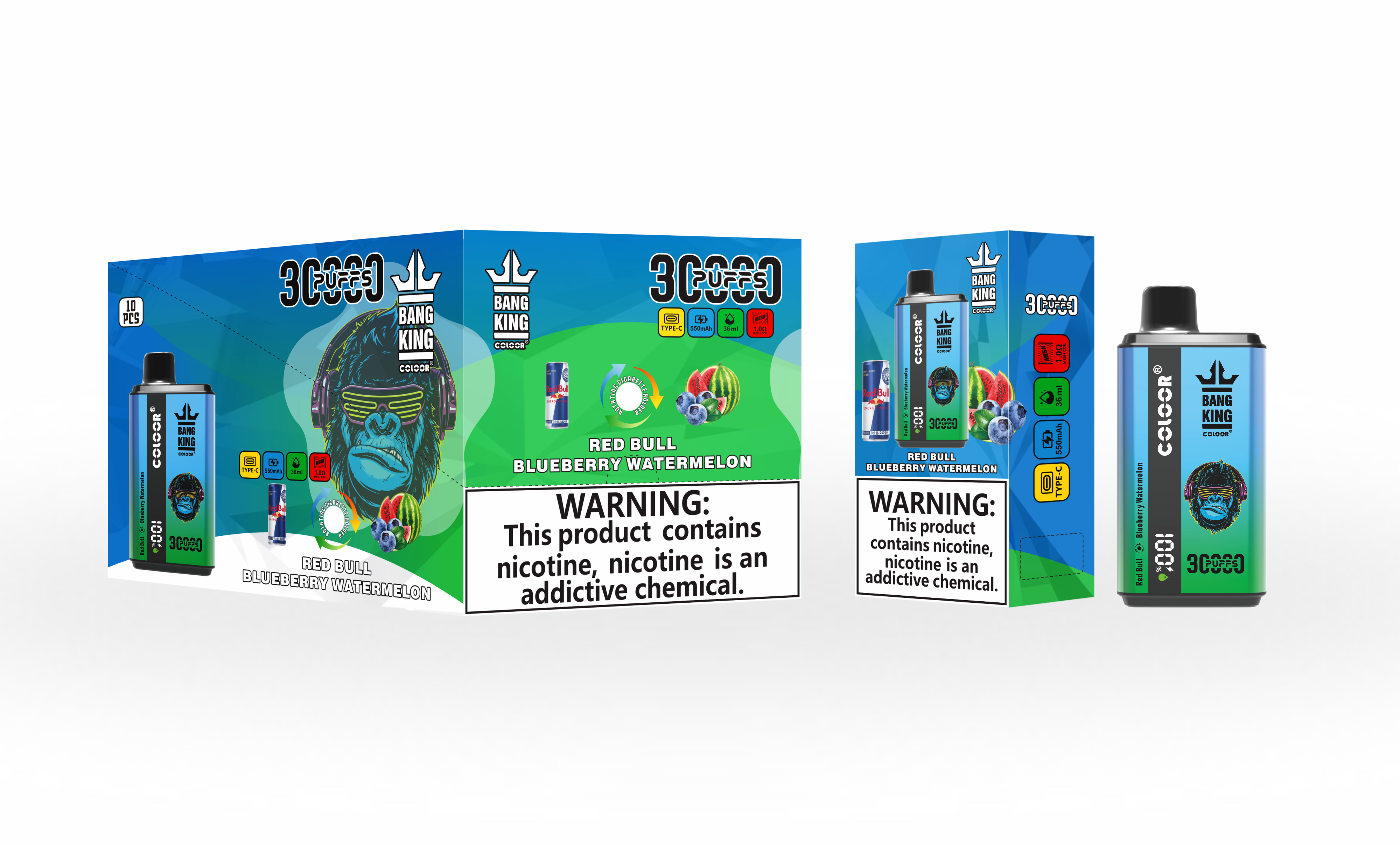 Embalaje de un vaporizador desechable "Bang King" con sabor "Red Bull Blueberry Watermelon". La caja muestra una ilustración de un gorila con auriculares y la etiqueta de advertencia del producto dice: "Este producto contiene nicotina. La nicotina es una sustancia química adictiva".