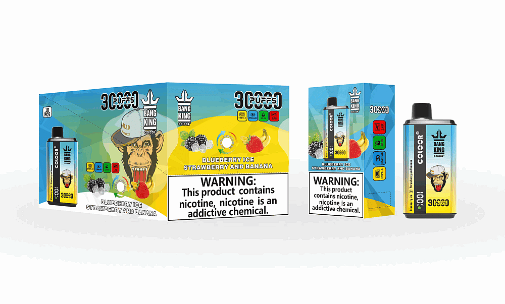 Embalagem do vaporizador descartável "Bang King Color" com sabor "Blueberry Ice, Strawberry and Banana", com um mascote macaco e um aviso sobre a nicotina ser uma substância química viciante.