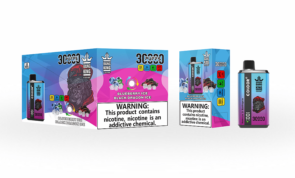 Embalaje para vaporizador desechable "Bang King Color", con sabor "Blueberry Ice Black Dragon Ice", con ilustraciones de arándanos y hielo, un gráfico de dragón y una etiqueta de advertencia de nicotina.