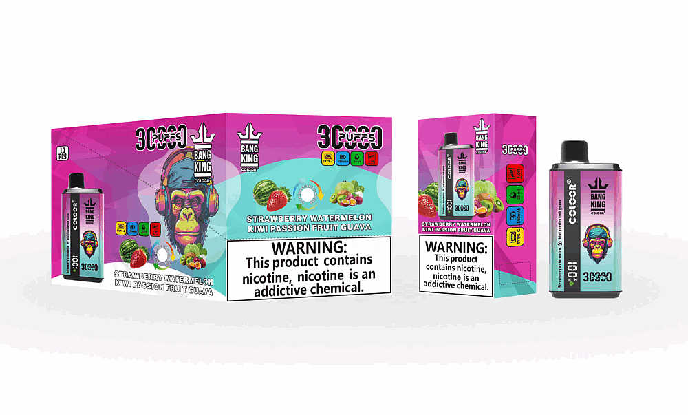 "Embalagem para vaporizador descartável Bang King Colors com sabor Morango, Melancia, Kiwi, Maracujá e Goiaba, com um design colorido com um macaco usando fones de ouvido e rótulos de advertência sobre nicotina."