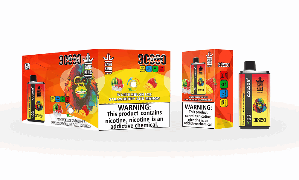 Design de embalagem do vape descartável Bang King com uma ilustração colorida de um gorila, rotulado "Watermelon Ice Strawberry and Mango", apresentando especificações do produto e um aviso de saúde sobre o vício em nicotina.