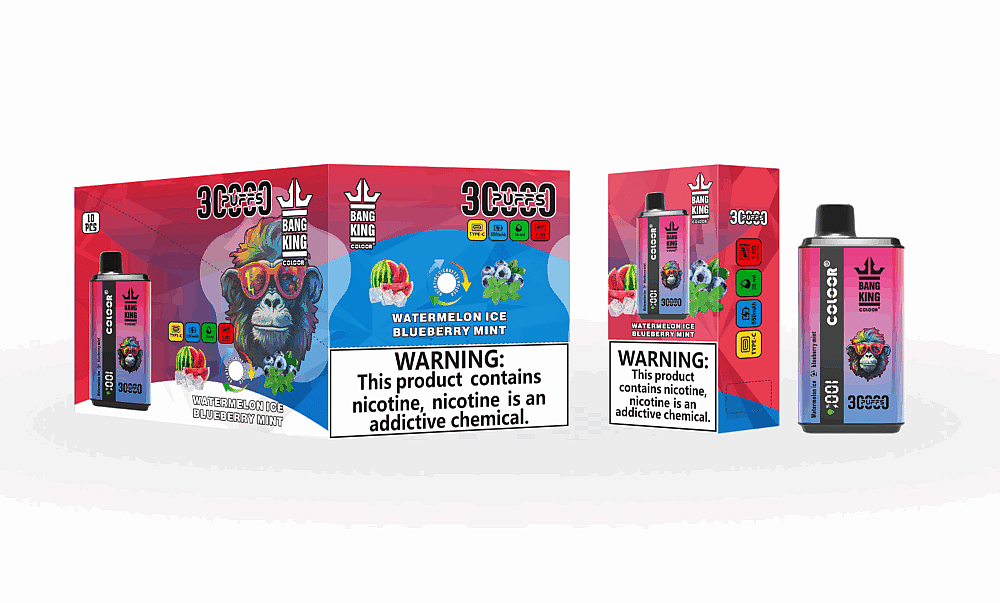 Embalagem do vaporizador descartável Bang King no sabor "Melancia, Gelo, Mirtilo e Hortelã", com um gorila colorido usando óculos escuros, além de rótulos de advertência sobre nicotina.