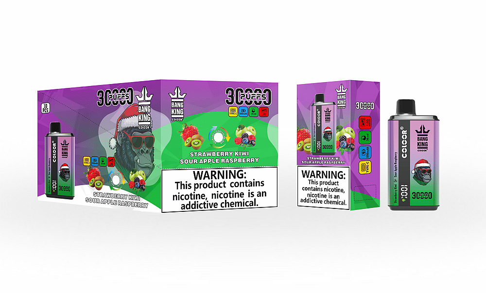 Dispositivo de vapeo desechable Bang King con sabor a fresa, kiwi, manzana ácida y frambuesa, que presenta un gorila con gorro de Papá Noel y gafas de sol en el empaque, con advertencias sobre la nicotina como una sustancia química adictiva.