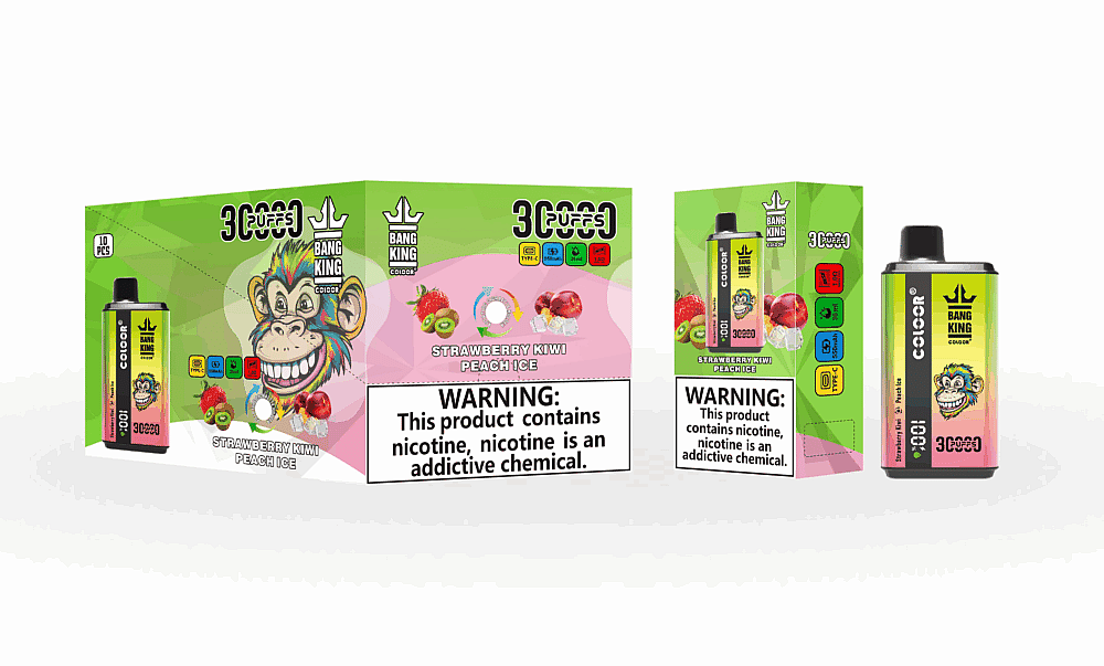 Embalagem para vape Bang King Color com um macaco de desenho animado, sabor "Morango, Kiwi, Pêssego e Gelo" e um rótulo de advertência sobre nicotina.