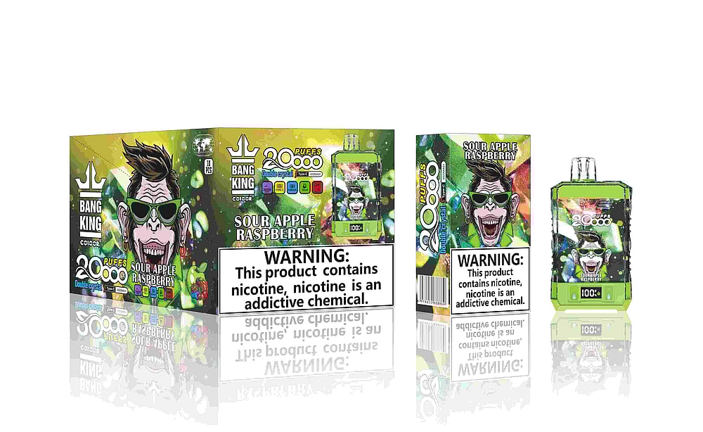 Embalaje para vaporizador desechable Bang King en sabor Sour Apple Raspberry, que presenta un personaje de dibujos animados con gafas de sol, fondo verde y colorido y advertencias sobre la adicción a la nicotina destacadas.