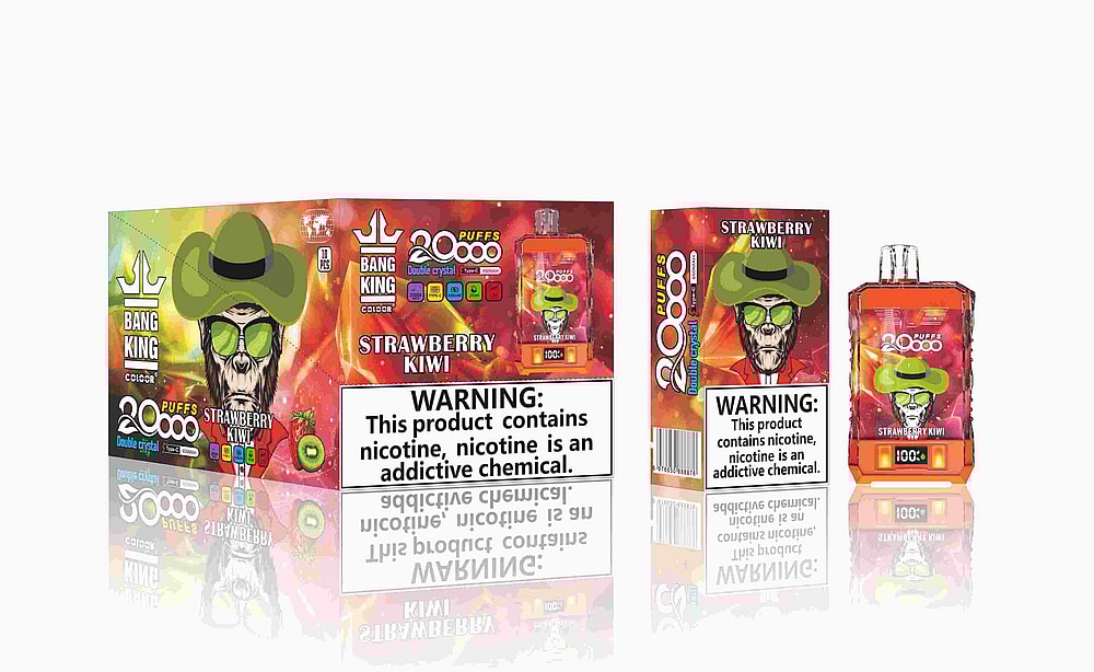 Presentación y presentación del producto de un vaporizador etiquetado como "Bang King Color", con 20.000 caladas, sabor a fresa y kiwi y un dibujo de un personaje con barba, gafas de sol y un sombrero verde. Incluye una advertencia sobre la nicotina.
